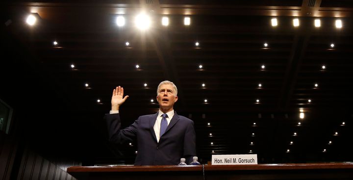 Supreme Court nominee Neil Gorsuch is sworn in to testify at his Senate Judiciary Committee confirmation hearing Monday.