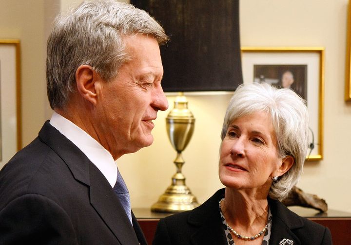 Then-Senate Finance Committee Chairman Max Baucus (D-Mont.) receives then-Health and Human Services Secretary-designate Kathleen Sebelius in his Capitol Hill offices on March 12, 2009.