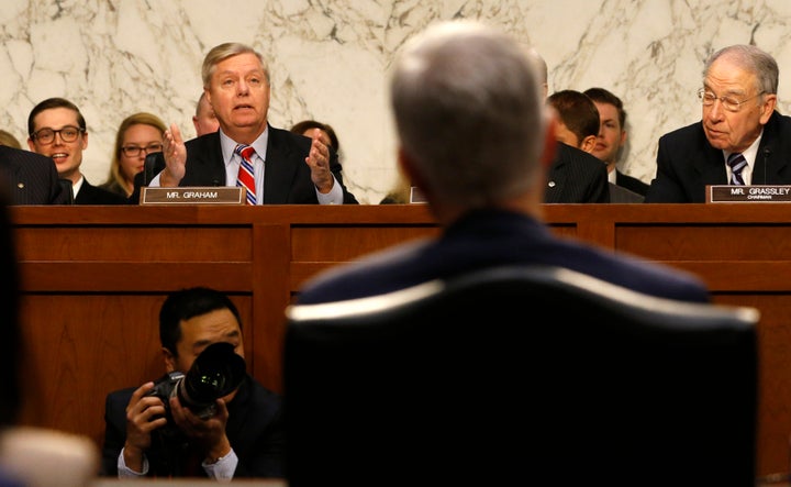 Sen. Lindsey Graham (R-S.C.), left, delivers his opening statement during the Senate Judiciary Committee confirmation hearing.