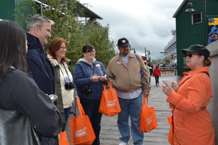 Midgi Moore in action, at the Fisherman’s Memorial, Juneau Food Tours, Alaska