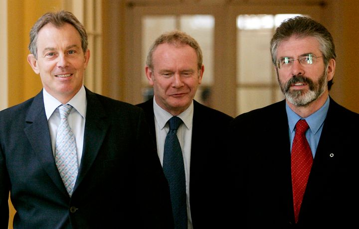 Tony Blair alongside Martin McGuinness (centre) and Sinn Fein president Gerry Adams (right) in 2005