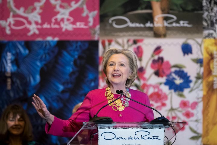 Former Secretary of State Hillary Clinton speaks during an unveiling ceremony for the U.S. Postal Service Oscar de la Renta Forever stamp, at Grand Central Terminal on 16 February 2017 in New York City.