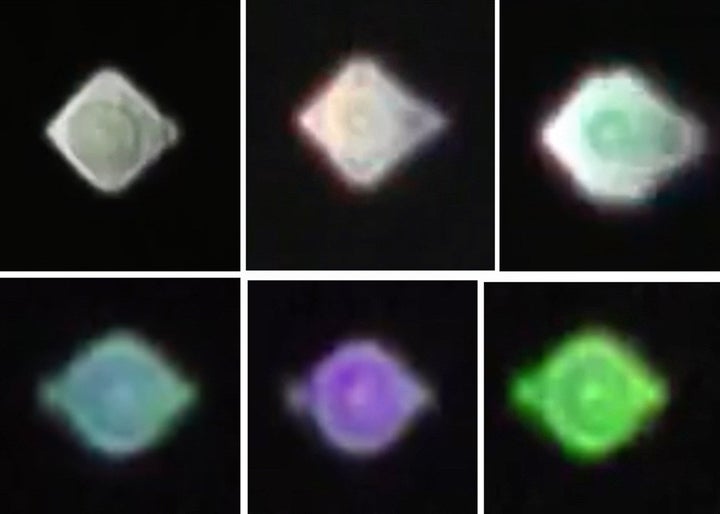 The top row are screen grabs from a video taken in January 2017 of a reported UFO over Liverpool, UK. The bottom row shows a