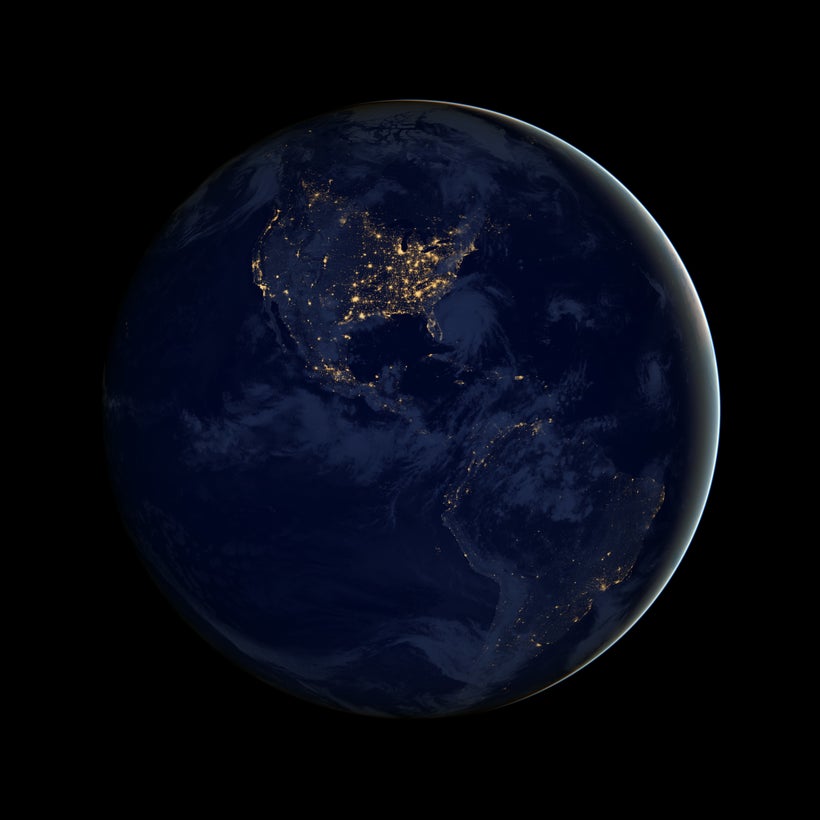 A composite image of North and South America at night assembled from data acquired by the Suomi NPP satellite in April and Oc