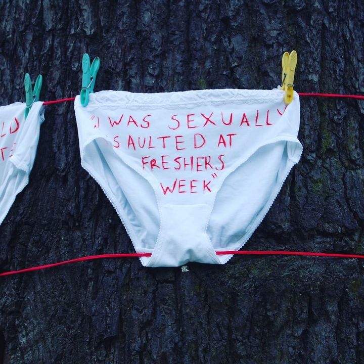 Roehampton University students have hung underwear decorated with quotes from sexual assault victims around campus