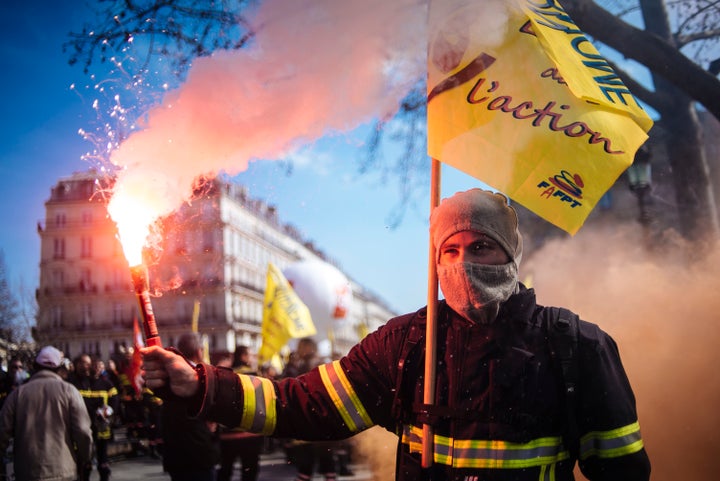 French firefighters protest the deterioration of their working conditions in Paris. March 14.