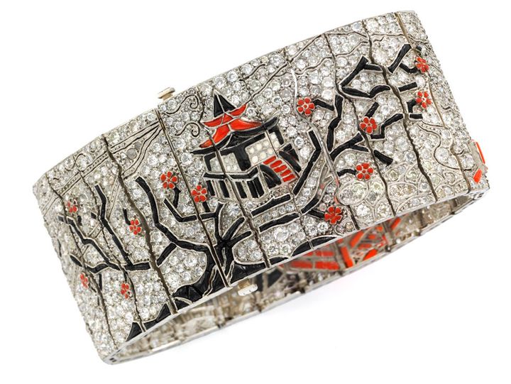 Simon Teakle’s Lacloche Freres Art Deco Chinoiserie bracelet, of narrative style depicting a garden scene set with diamonds, black onyx and enamel mounted in platinum, 1927. 