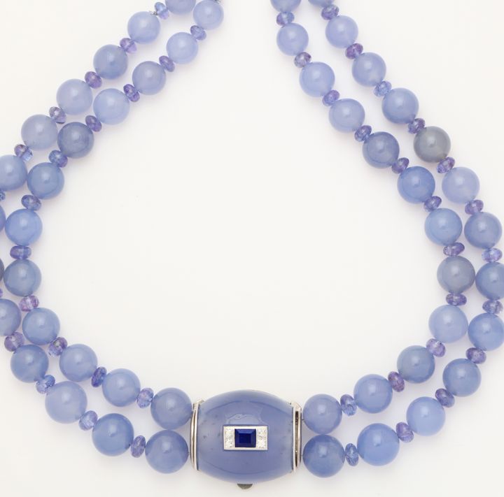 <p>Pat Saling’s Suzanne Belperron blue chalcedony sapphire and diamond necklace,P circa 1945.</p>