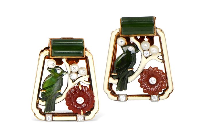 <p>M. Kordipour’s Cartier Art Deco clips in gold with enamel work, carved carnelian and tourmaline</p>