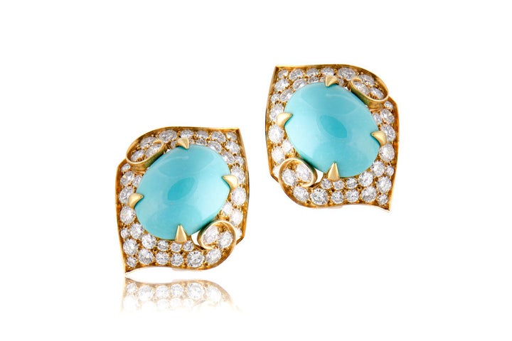 <p>M. Khordipour’s Bulgari 18k Yellow Gold, Turquoise, and diamond earings, circa 1960s. </p>