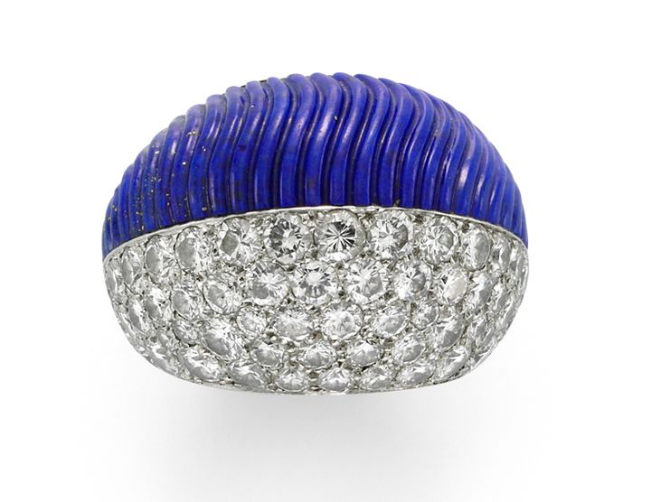 Simon Teakle’s Cartier platinum. lapis lazuli and diamond cocktail ring, designed as a bombe dome, circa 1969. 
