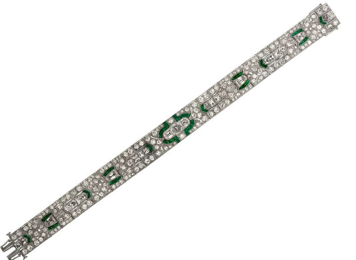 <p>M. Khordipour’s Cartier Art Deco platinum, emerald and diamond bracelet.</p>