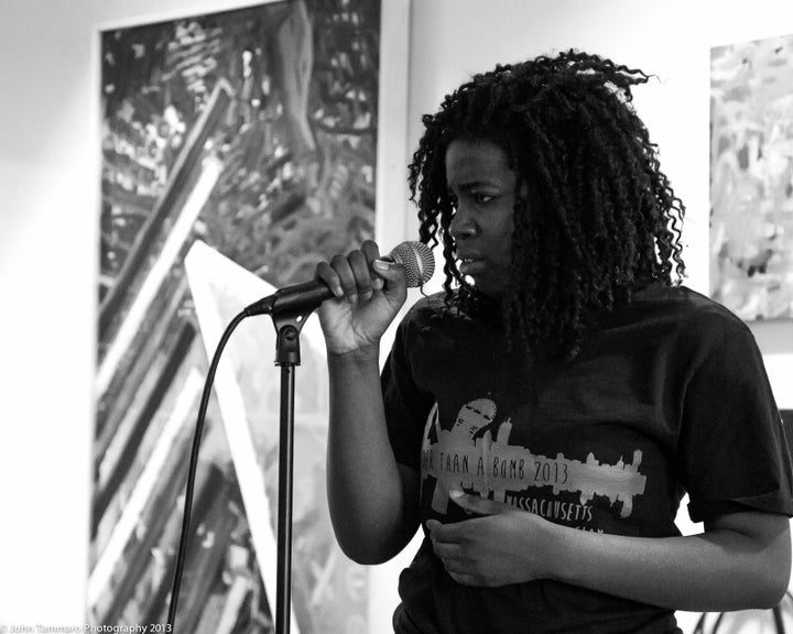 A student performs at the 2013 Louder Than a Bomb slam poetry competition in Boston, Massachusetts.