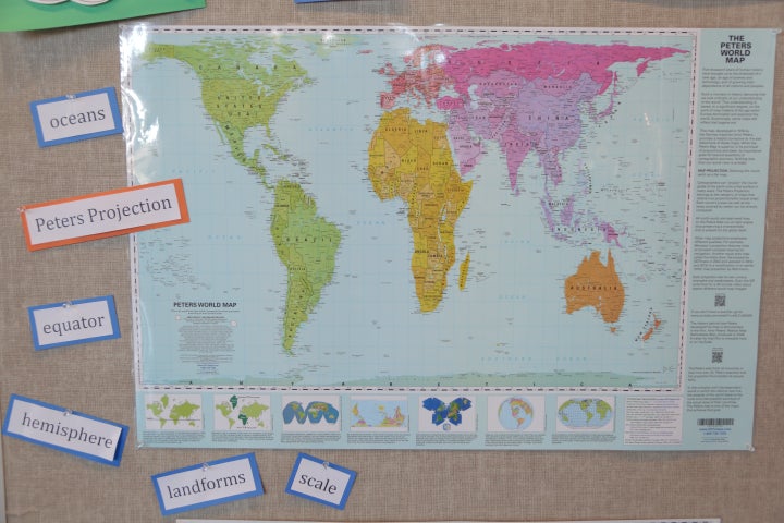 The Peters projection map shows the world's countries and continents at their true scale.