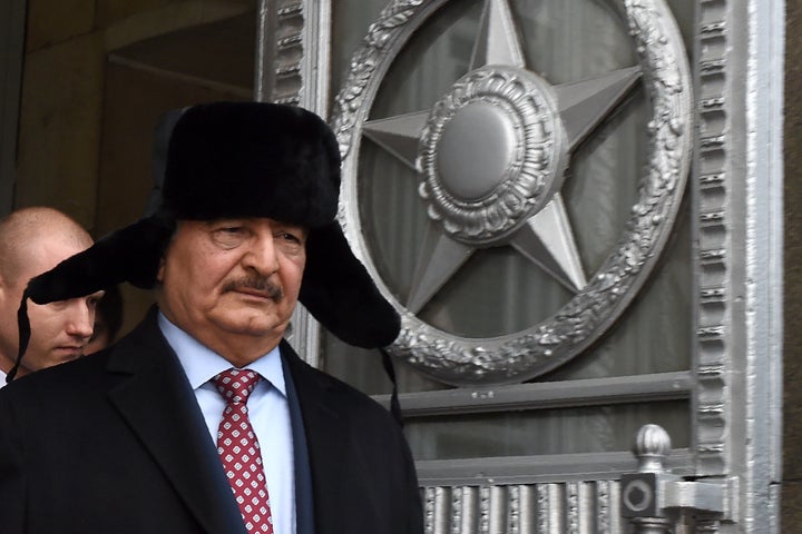 General Khalifa Haftar, pictured in Moscow, is aiming to establish a military regime in Libya and is backed by Russia.