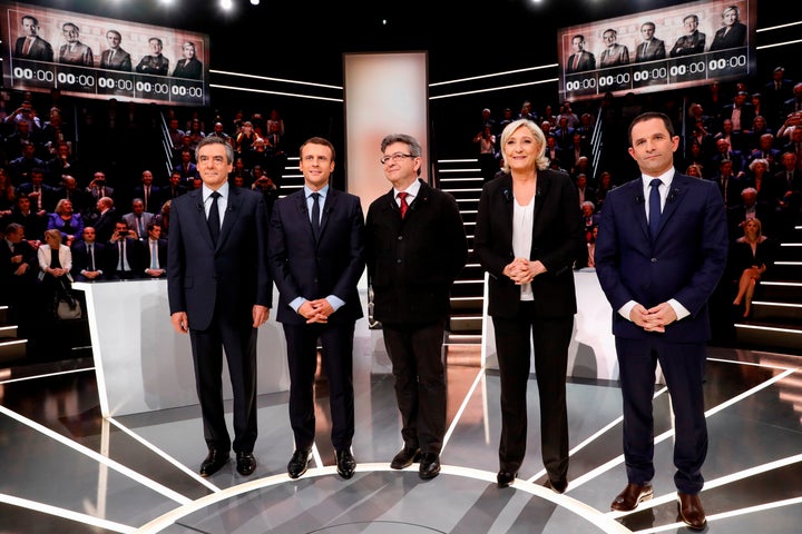 Left to right, French presidential election candidates Francois Fillon, Emmanuel Macron, Jean-Luc Melenchon, Marine Le Pen an