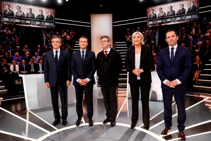 Left to right, French presidential election candidates Francois Fillon, Emmanuel Macron, Jean-Luc Melenchon, Marine Le Pen and Benoit Hamon.