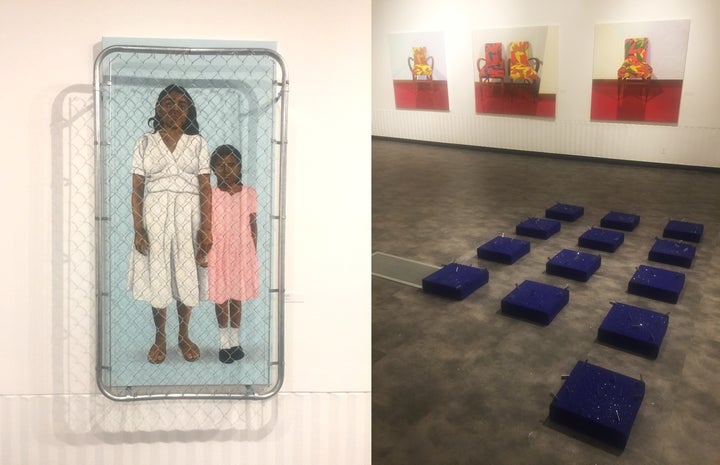 Left: Javier Carrillo, Dejandolos atras, 2017. Right: Roberto Ortiz, Solo, 2017. (Wall) Emmanuel Galvaz, “Reconstruction, ‘Tierra de la libertad’”, 2017. (Floor)