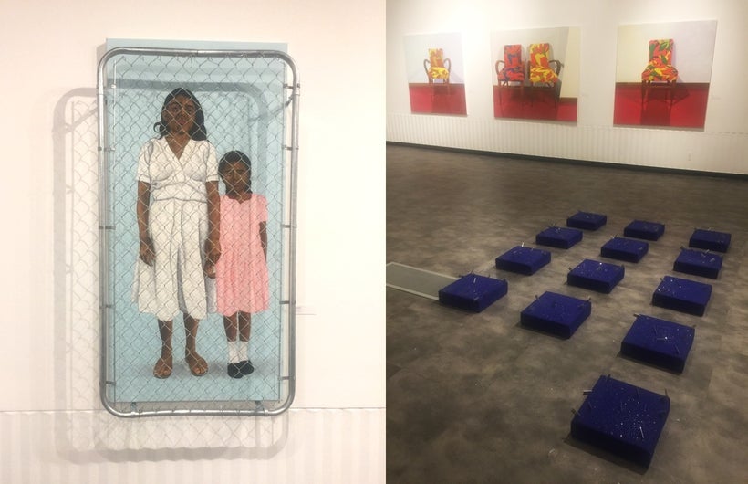 Left: Javier Carrillo, <em>Dejandolos atras</em>, 2017. Right: Roberto Ortiz, <em>Solo</em>, 2017. (Wall) Emmanuel Galvaz, “<