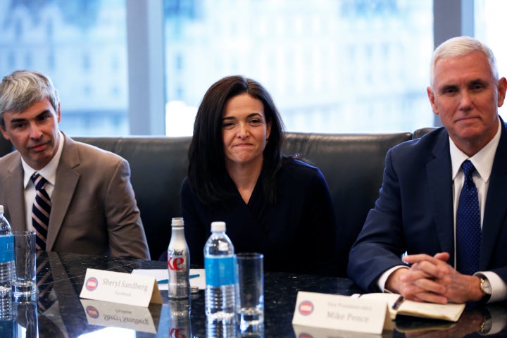 Larry Page, CEO of Alphabet, Sheryl Sandberg, COO of Facebook, and Vice President-elect Mike Pence meet with President-elect Donald Trump in December.