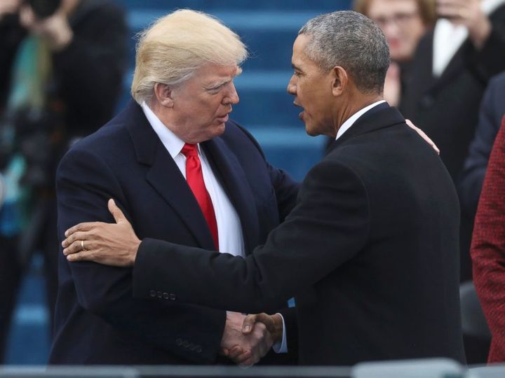 Mr. Donald Trump greets Mr. Barack Obama prior to Trump’s Inauguration in Washington, Jan. 20, 2017.