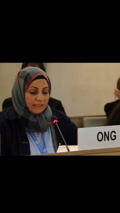 <p>Ebtesam Al-Saegh speaking about Bahrain’s human rights abuses at the Human Rights Council in Geneva last week.</p>
