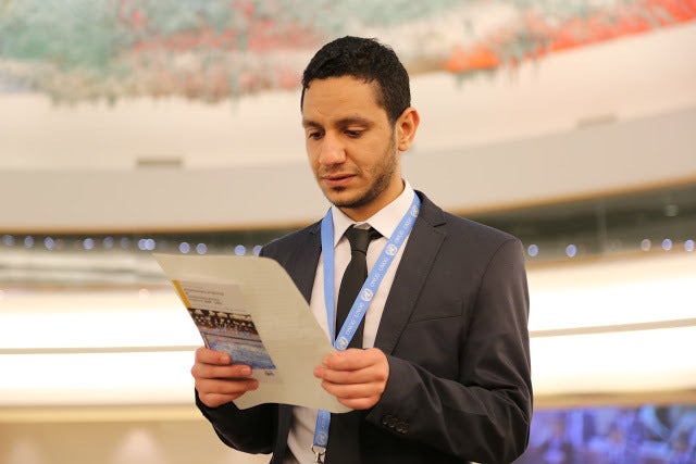 <p>Sayed Ahmed AlWadaei at the HRC in Geneva this month.</p>