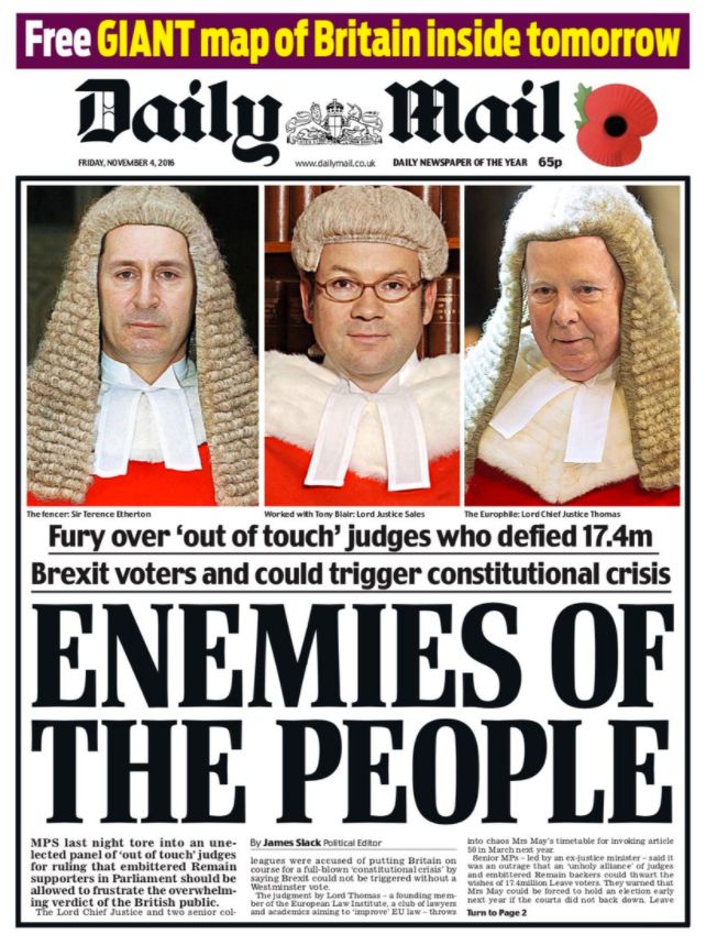 The Daily Mail's front page after the High Court ruling in November 