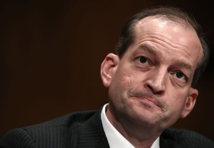 Labor secretary nominee Alexander Acosta testifies before the Senate Health, Education, Labor and Pensions Committee on Wednesday. Committee members questioned him on his opinions relating to overtime rules.