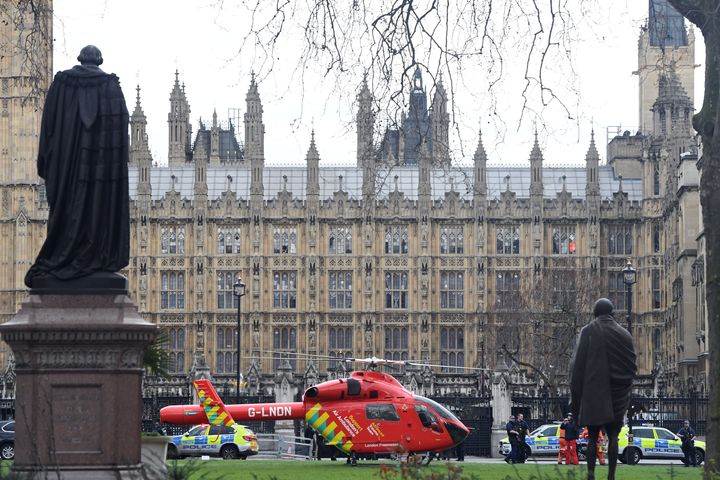 An Air Ambulance outside the Palace of Westminster