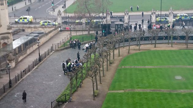 Crowds gathered around the main entrance to Parliament immediately after the attack