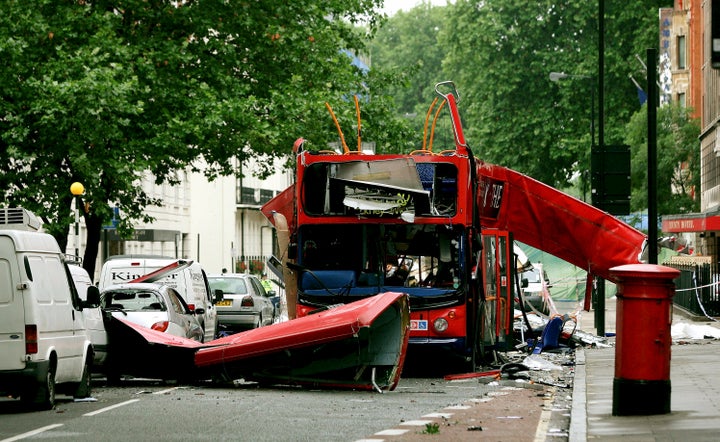 Debris is seen around a destroyed number 30 double-decker bus after it was struck by a bomb on July 7, 2005.