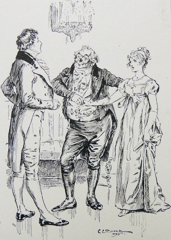 Elizabeth Bennet is introduced to Fitzwilliam Darcy in an illustrated scene from <em>Pride and Prejudice</em>.