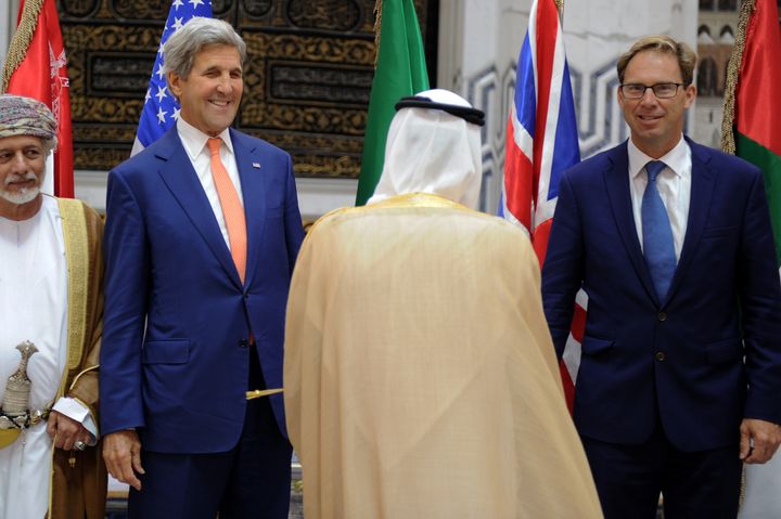 Tobias Ellwood, right, with former U.S. Secretary of State John Kerry in Saudi Arabia in 2016.