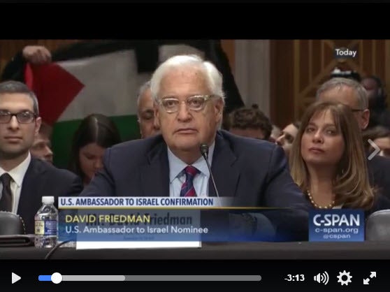 Taher Herzallah, a Palestinian American protests at the Senate Foreign Relations Committee’s first hearing on nomination of David Friedman as ambassador to Israel. Capitol Police arrested Herzallah and five others. 