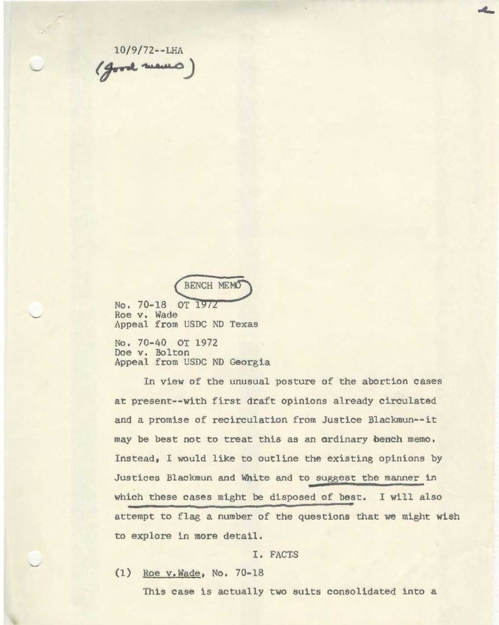 Bench Memo from Justice Powell’s Law Clerk, Larry Hammond, before the second oral argument in <em>Roe v. Wade</em> in October