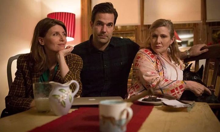 Carrie Fisher with 'Catastrophe' stars and creators, Sharon Horgan and Rob Delaney