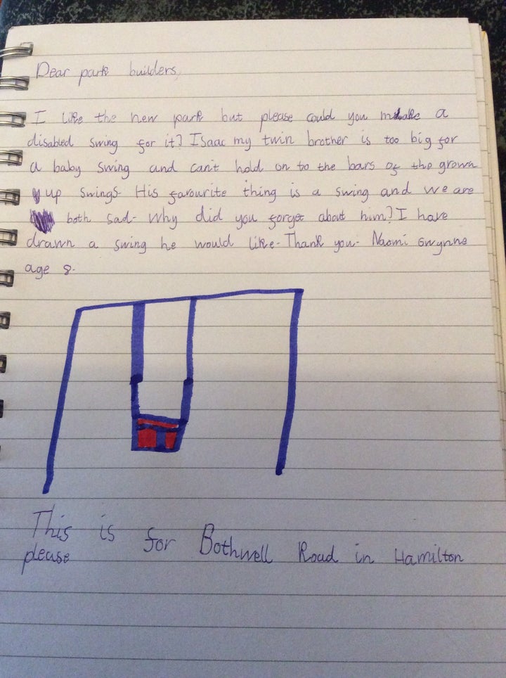 After going to a park that didn't have a swing for her brother with disabilities, 8-year-old Naomi Gwynne wrote a letter to the "park builders."