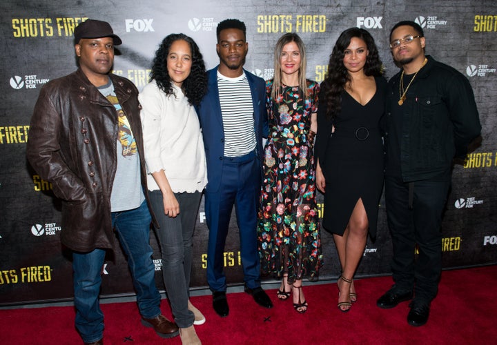 (L-R) Reggie Rock Bythewood, Gina Prince-Bythewood, Stephen James, Jill Hennessy, Sanaa Lathan and Mack Wilds attend the "Shots Fired" New York screening.