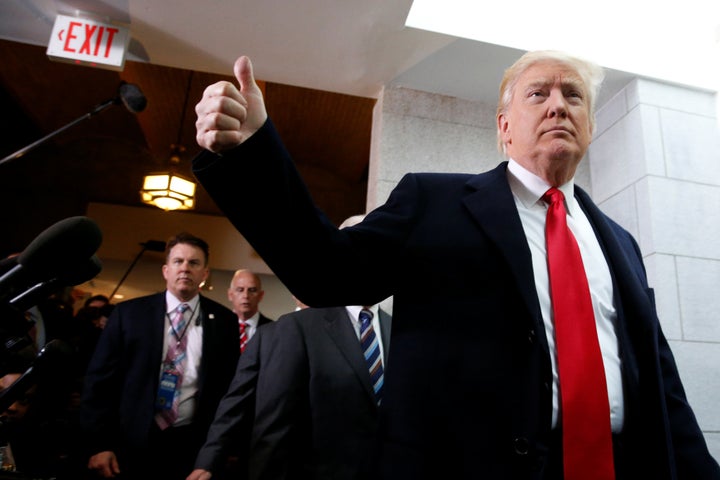 President Donald Trump arrives to meet with congressional Republicans at the Capitol on Tuesday. He attempted to rally House Republicans around the American Health Care Act.