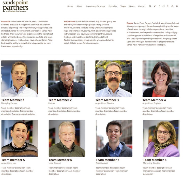 The images of Sands Point Partners' “executive team” are entirely pulled from the actual executive team of an unrelated Boston software company.