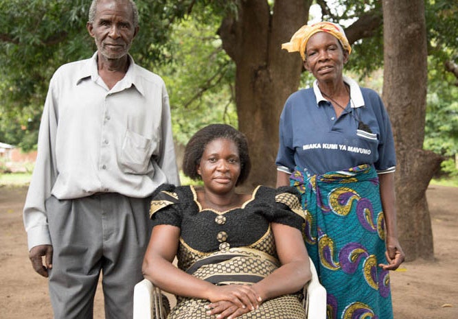 <p>Judith Ngwira and her parents Ida and Alexander in Northern Malawi</p>