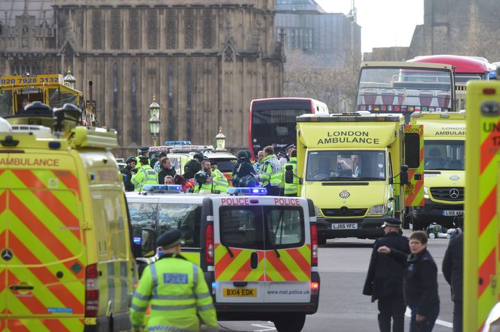 Emergency personnel on Westminster Bridge, close to the Palace of Westminster, London.