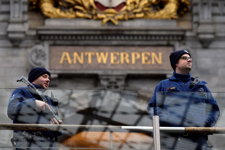 Belgian police officers patrol in the central station, in Antwerp, Belgium March 3, 2017.