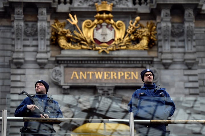 File photo of Belgium police officers patrolling Antwerp's central station