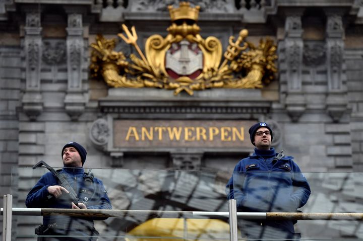 File photo of Belgium police officers patrolling Antwerp's central station