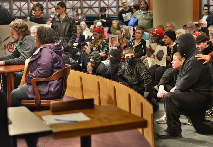 Anarchists in solidarity with Don’t Shoot Portland at Portland City Council meeting