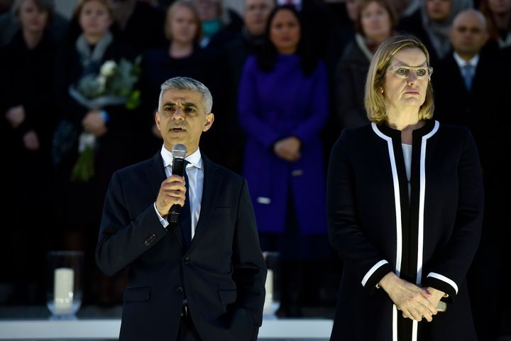 Sadiq Khan addresses the crowd as Amber Rudd looks on