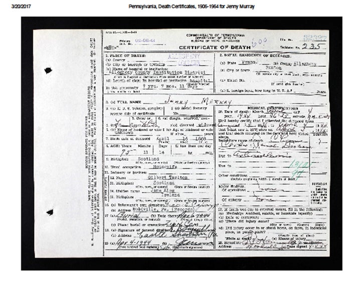 Jennie Tarleton death certificate