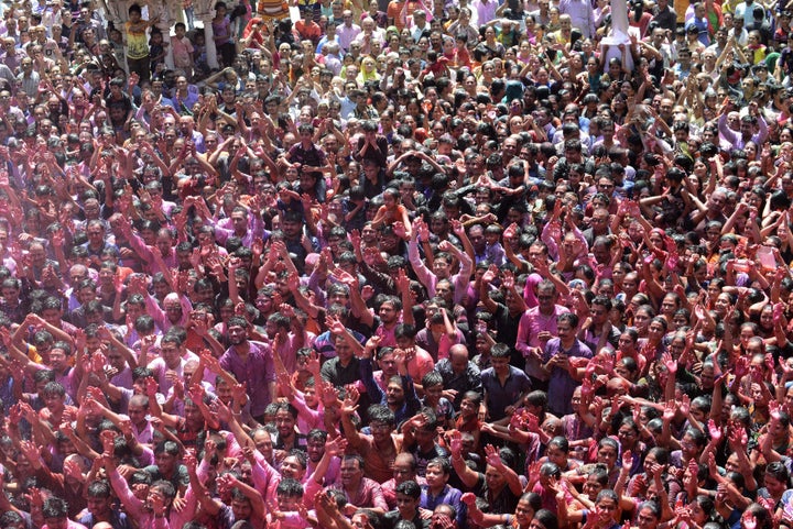 Indian Hindu devotees celebrate the Holi festival at the Swaminarayan Temple in Ahmedabad on March 13, 2017. The Hindu festival of Holi, or the 'Festival of Colours' heralds the arrival of spring and the end of winter.